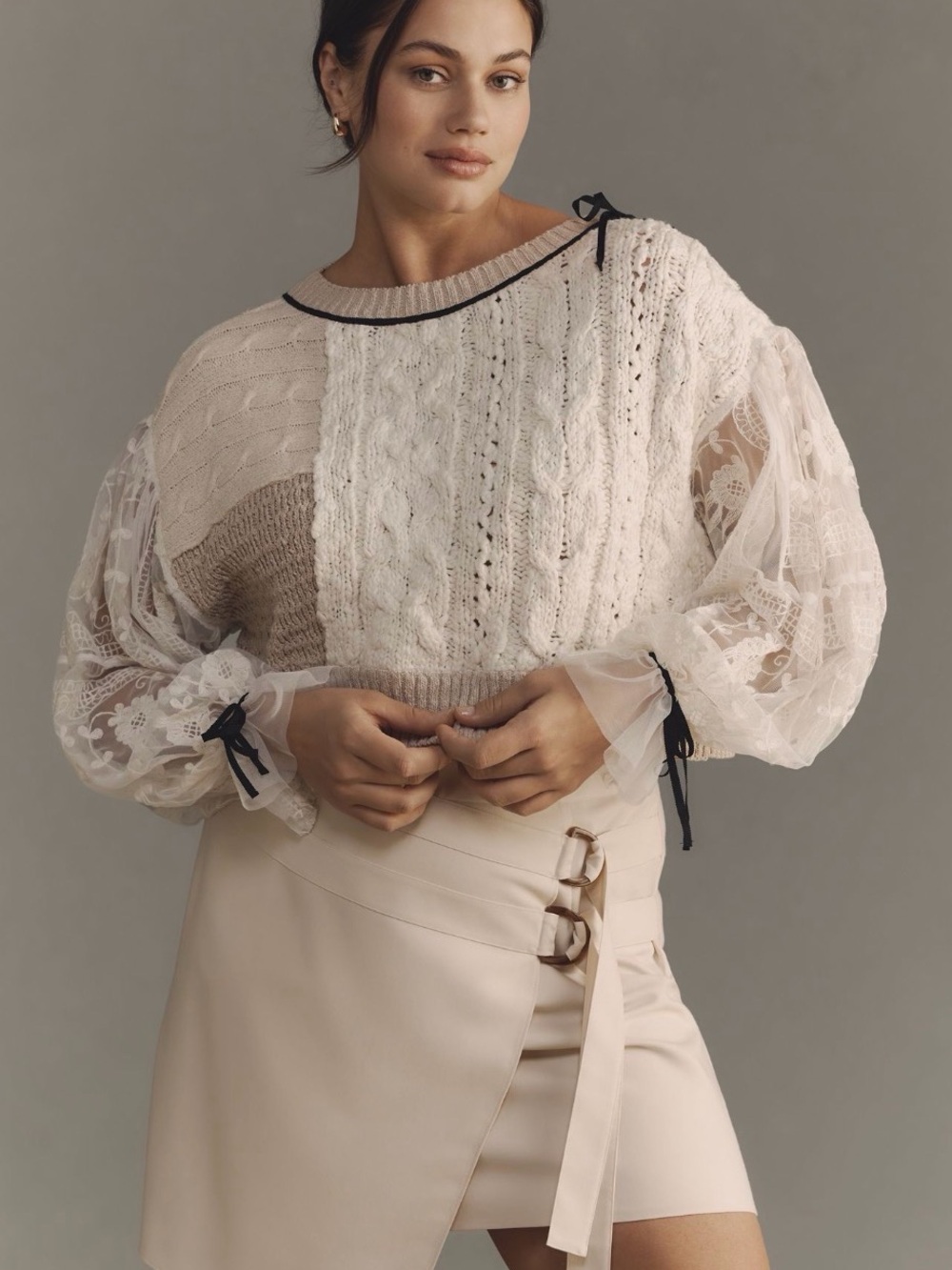 Anthropologie Ivory Lace-Sleeve Cable Knit Pullover with Black Trim